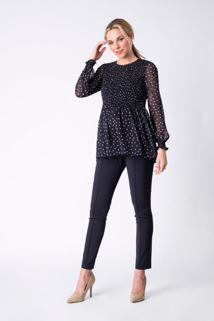 Dotted Maternity Blouse with Pleated Detail navy/white