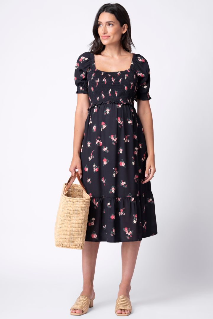 Midi Shirred Maternity and Nursing Dress with Frill Sleeve