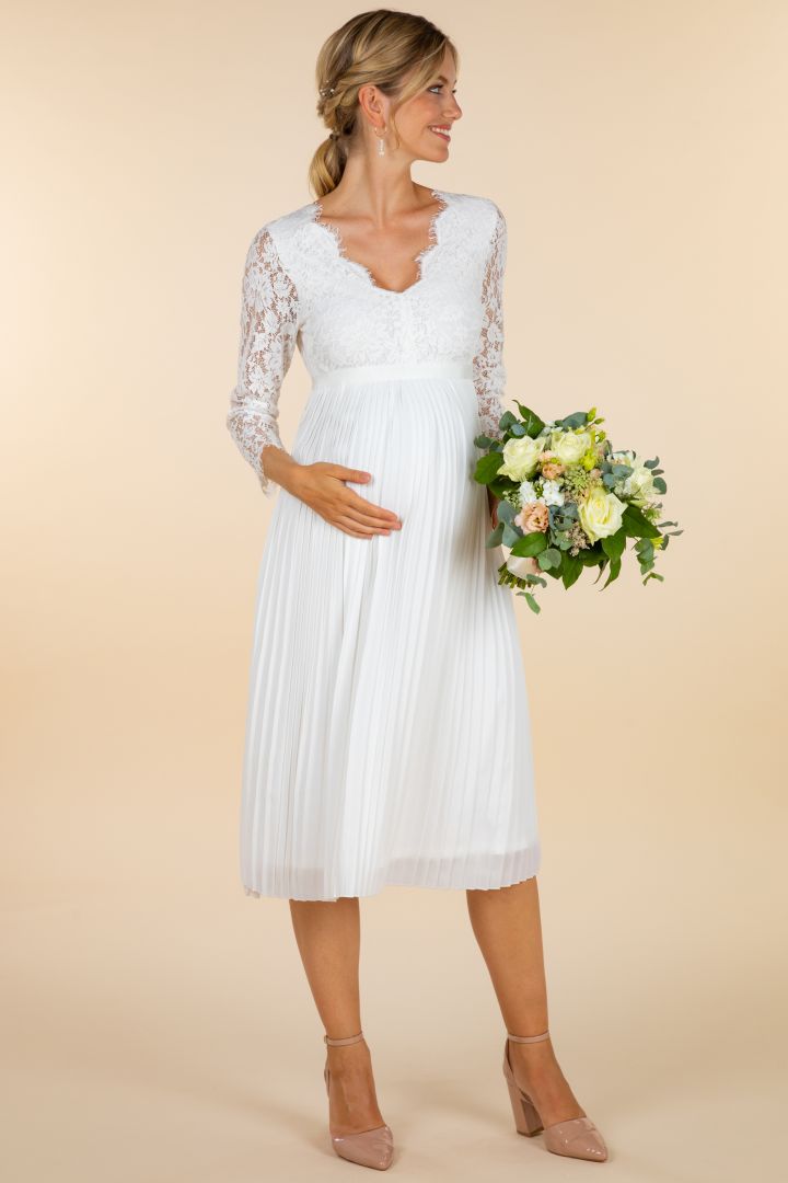 Umstandsbrautkleid mit Spitzenoberteil und Plissees 3/4 Ärmel