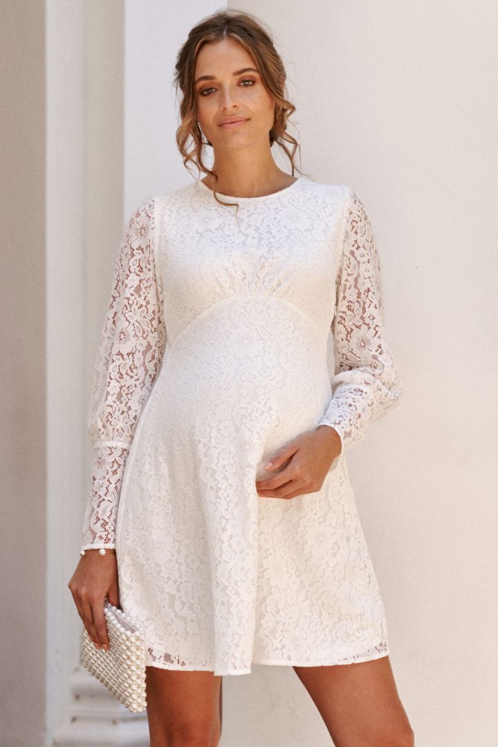 Mini Umstandsbrautkleid aus Spitze mit Puffärmeln