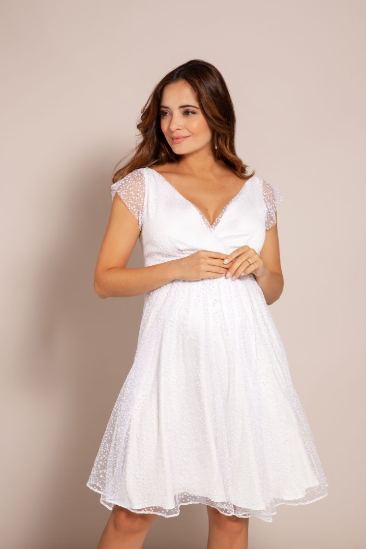 Umstandsbrautkleid mit Pünktchen Spitze weiß