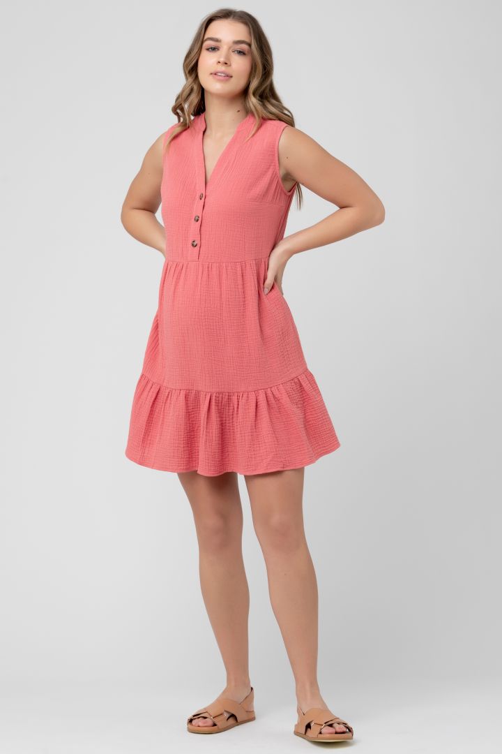 Maternity and Nursing Dress with Flounces coral
