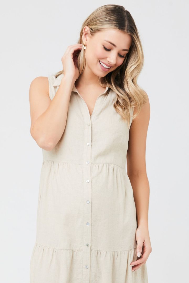 Midi Maternity and Nursing Tiered Dress sand