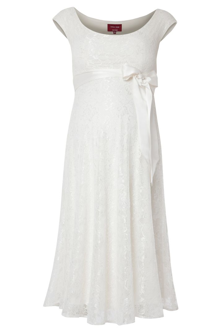 Spitzen Umstandsbrautkleid mit U-Boot Ausschnitt