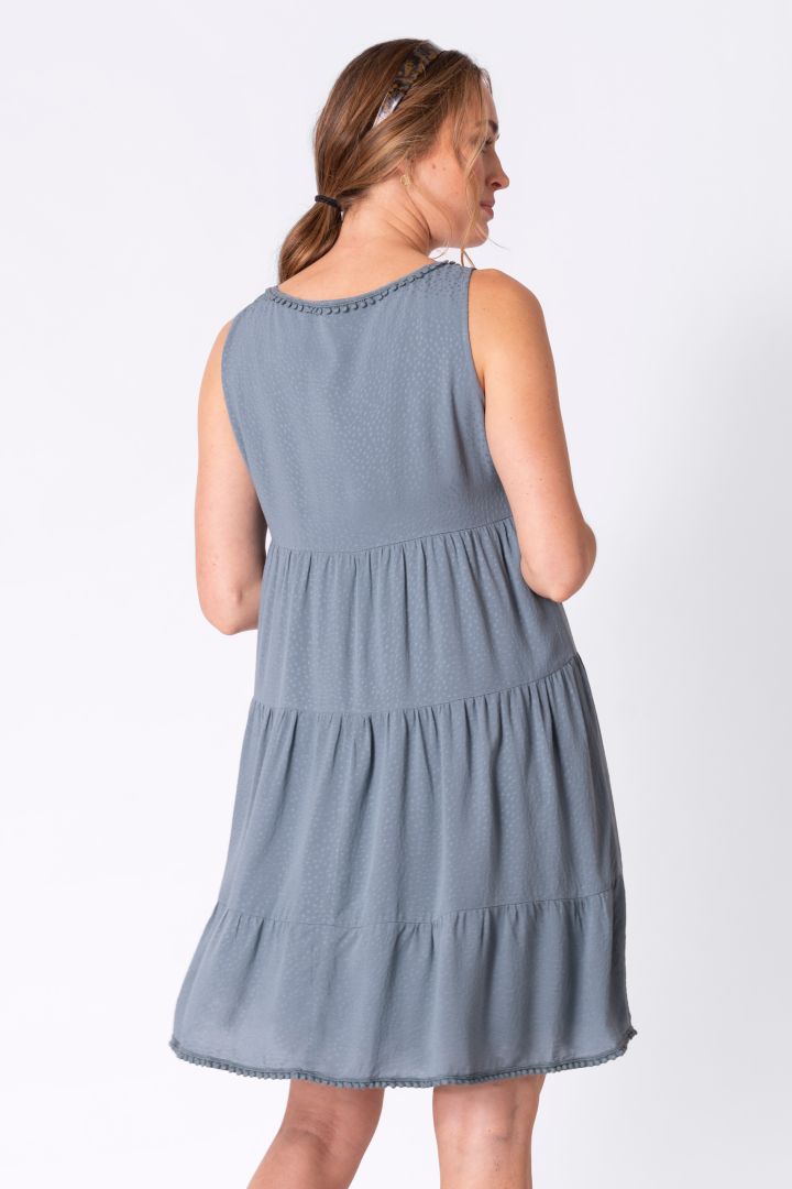 Maternity and Nursing Dress with Pompom Trim blue