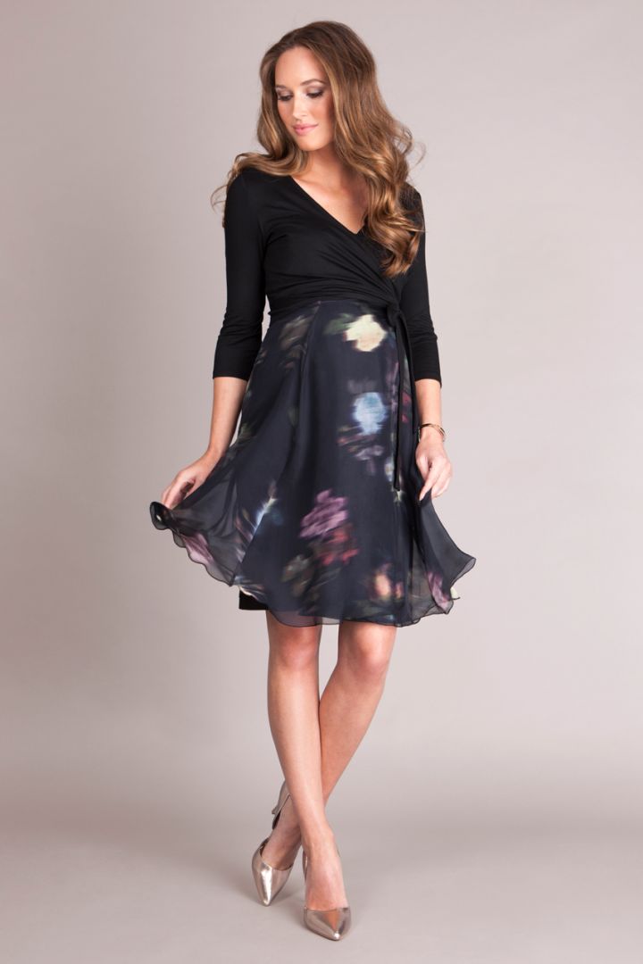 Black Floral Silk Wrap Maternity Dress short