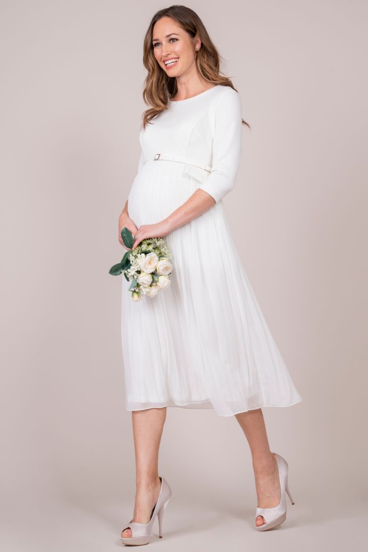 Umstandsbrautkleid 3/4 Arm mit Plisseerock weiß