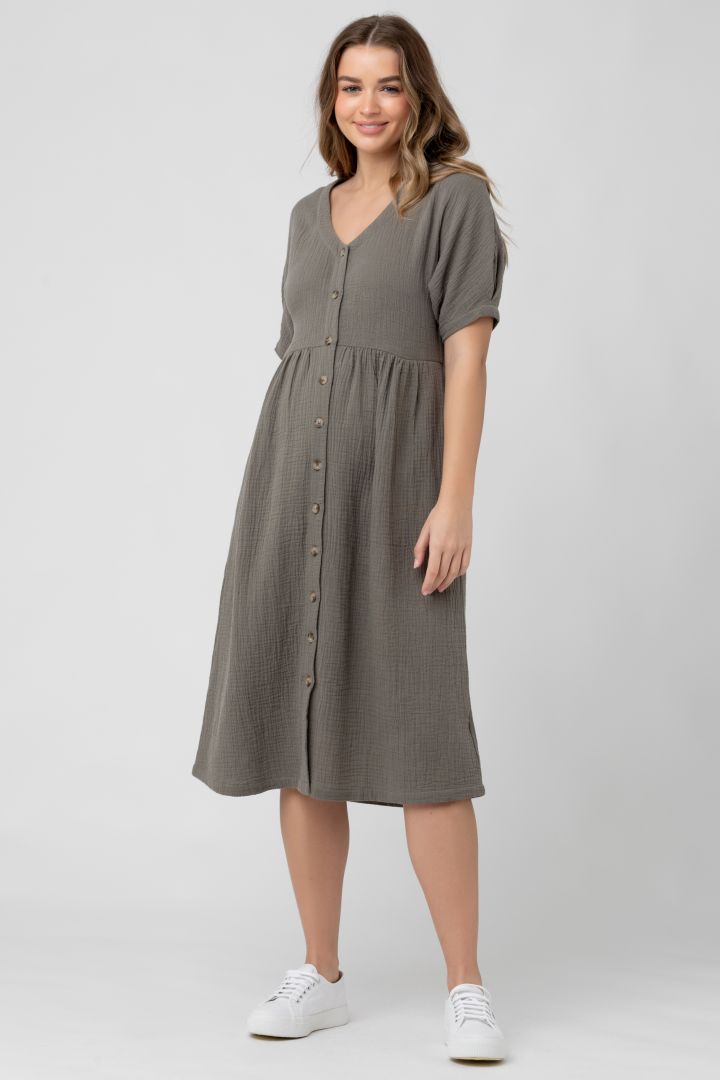 Muslin Maternity and Nursing Dress with Button Placket