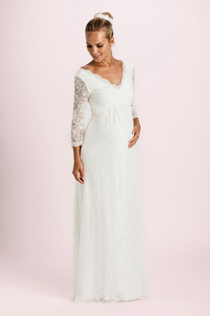 Umstandsbrautkleid mit Spitzenärmeln lang