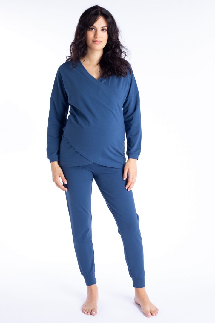 Organic Foldover Maternity Lounge and Pyjama Trousers blue