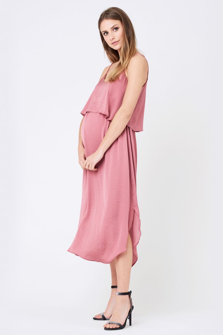 Double-Layered Maternity and Nursing Dress with Spaghetti Straps, pink
