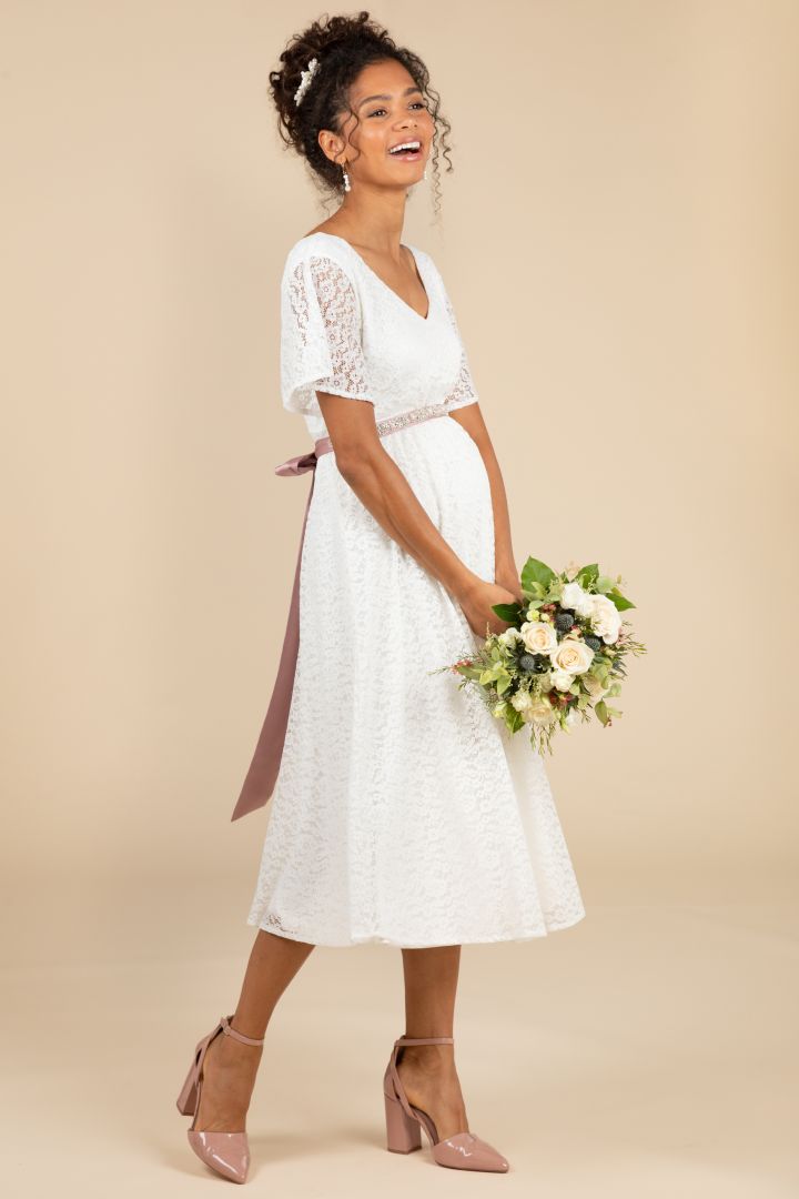 Midi Umstandsbrautkleid mit Blumenspitze