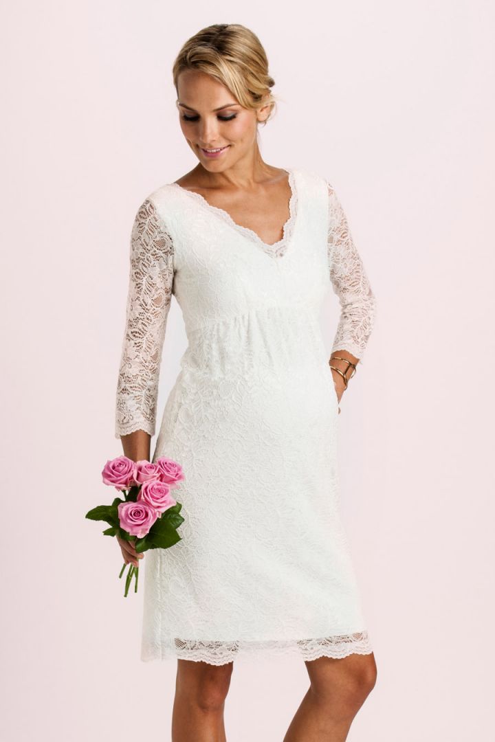 Spitzen Umstandsbrautkleid mit transparenten Ärmeln