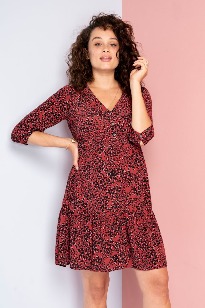 Maternity and Nursing Tiered Dress Leopard red