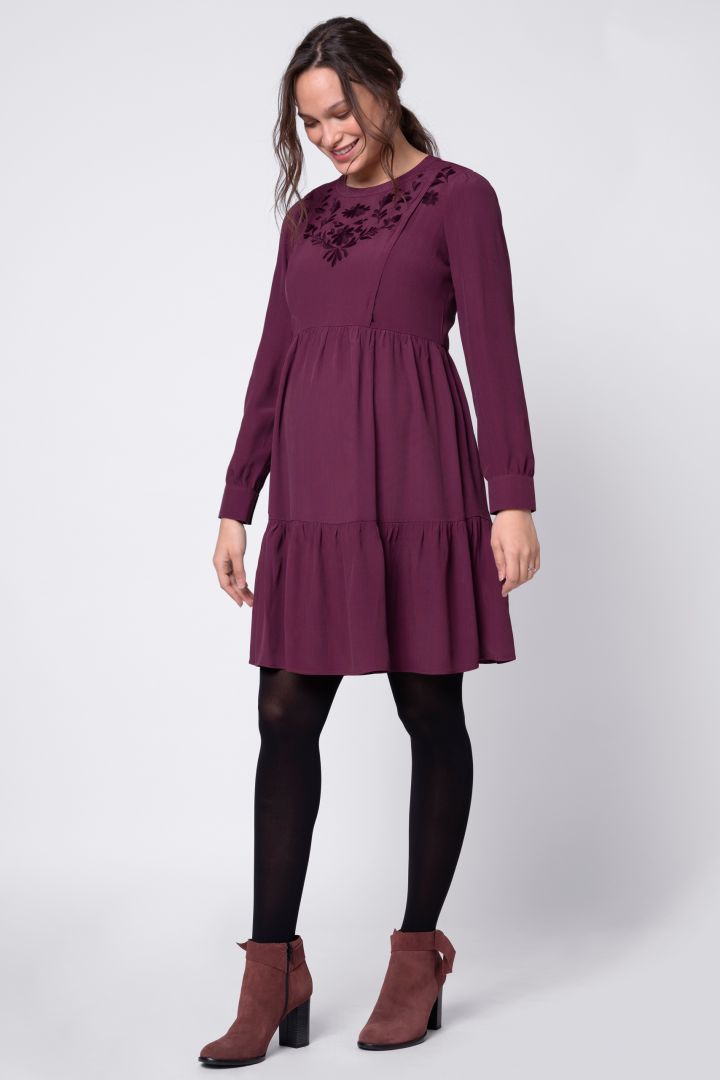 Flounce Maternity and Nursing Dress with Embroidery