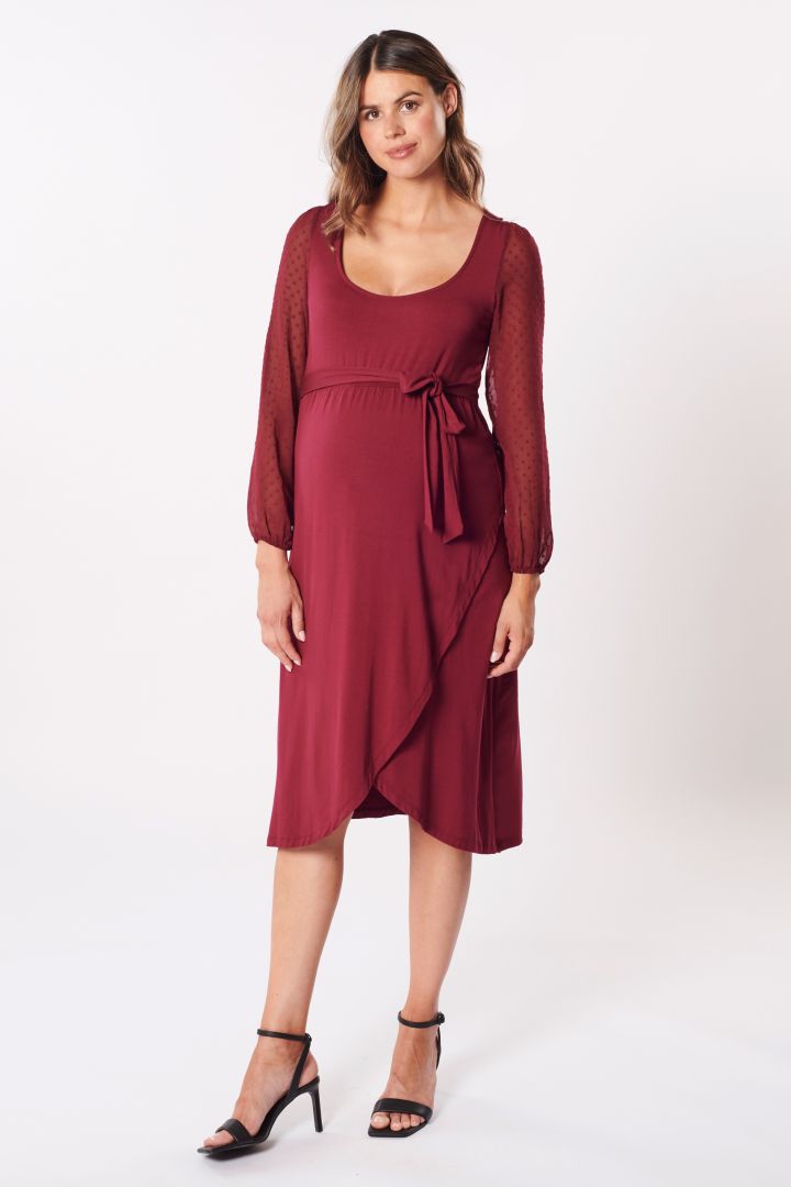 Umstandskleid in Wickeloptik mit Spitzenärmeln burgund