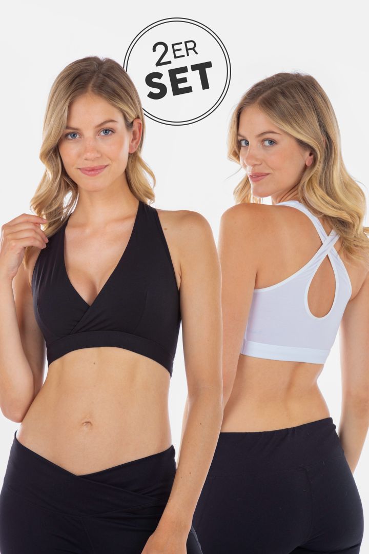 2er Set Schlaf-Still BHs mit Kreuzträgern schwarz und weiß
