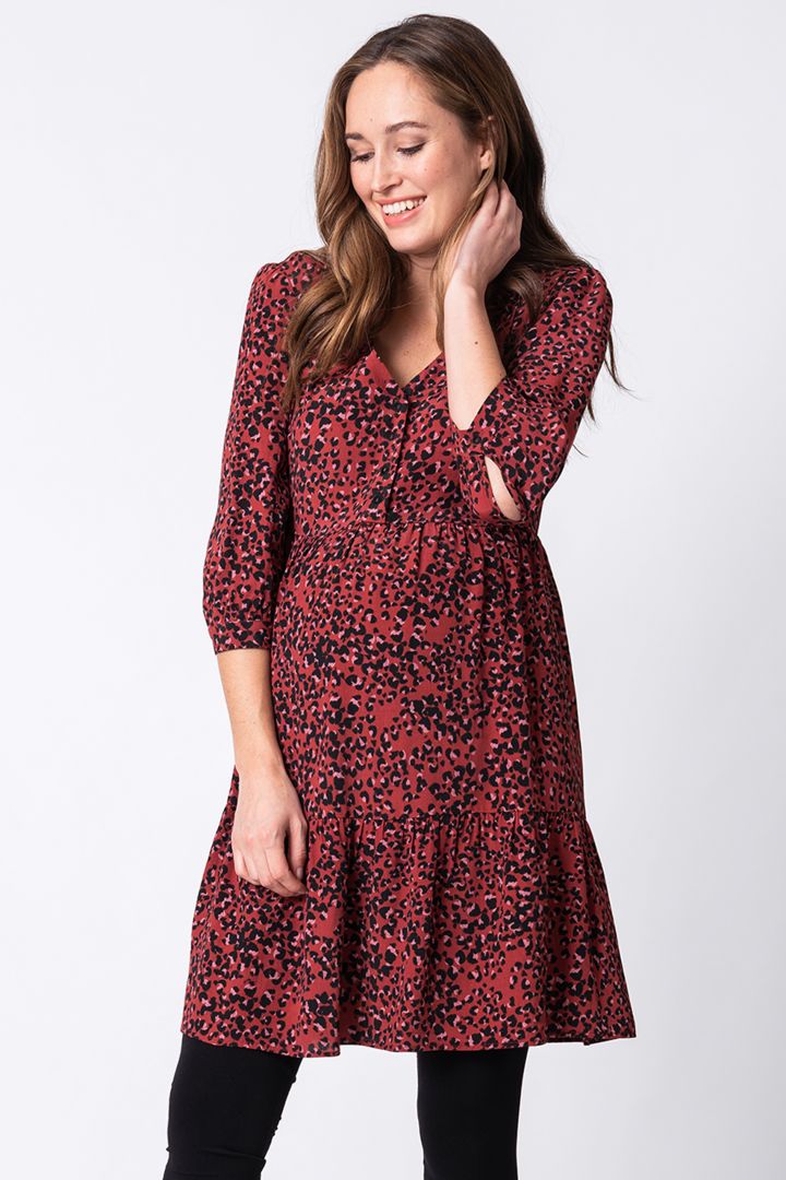 Maternity and Nursing Tiered Dress Leopard red