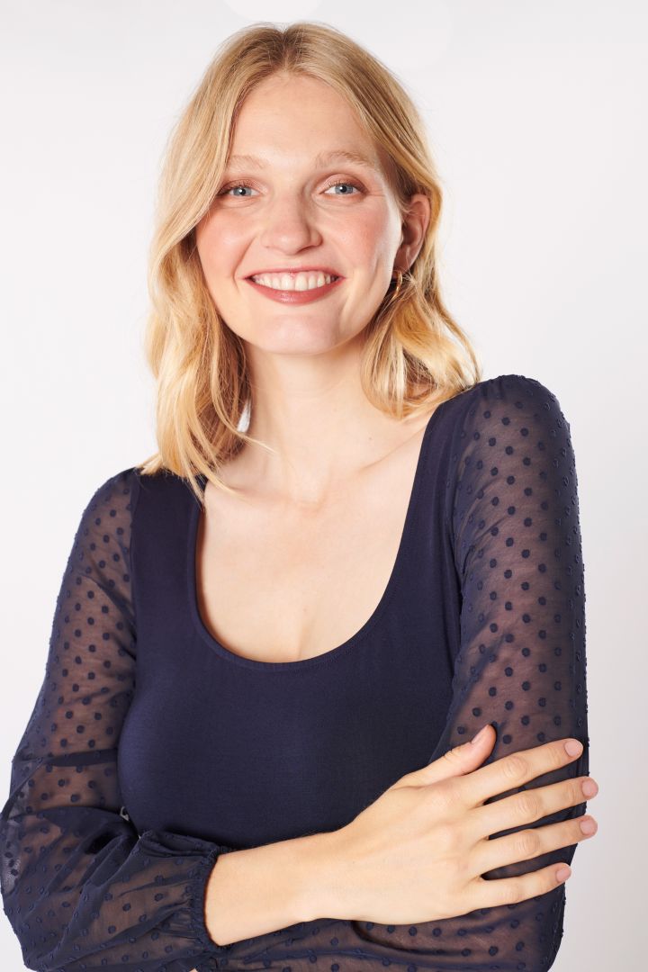 Umstandskleid in Wickeloptik mit Spitzenärmeln navy