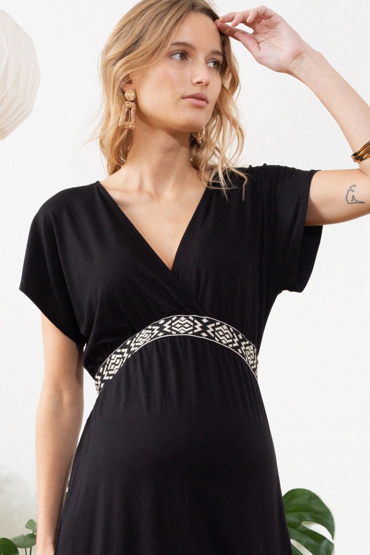 Maternity and Nursing Dress with Ethno RIbbon black