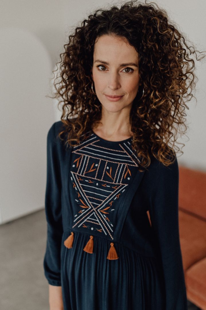 Maternity and nursing tunic dress with tassels ocean blue