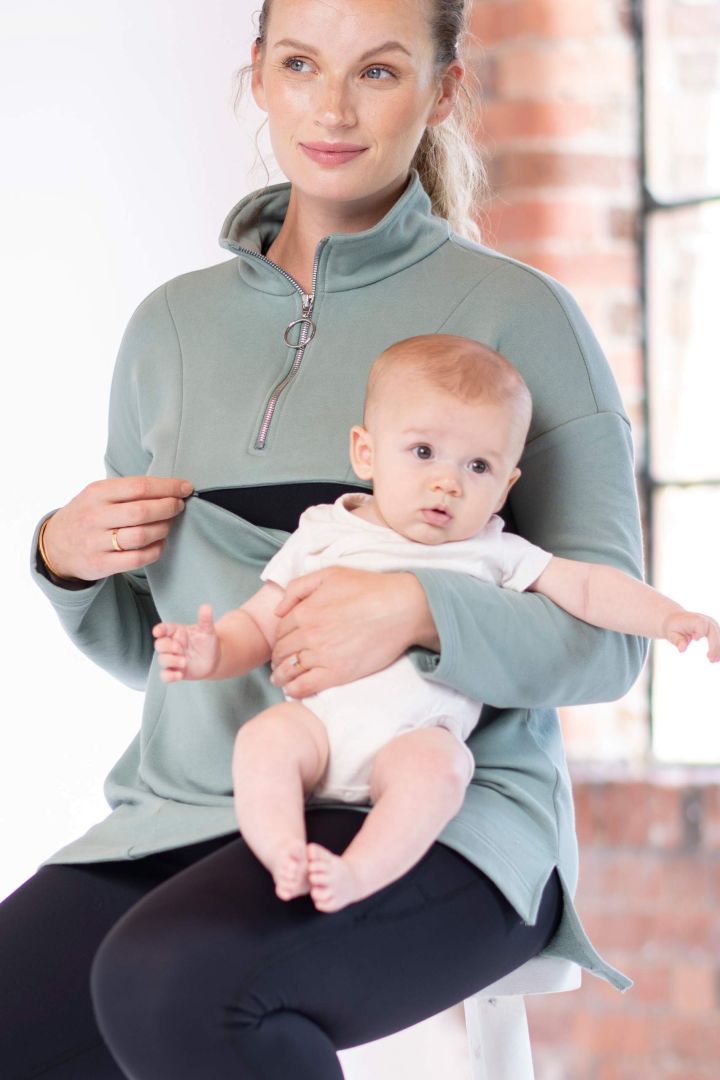 Maternity and Nursing Sweater with Zip Detail sage