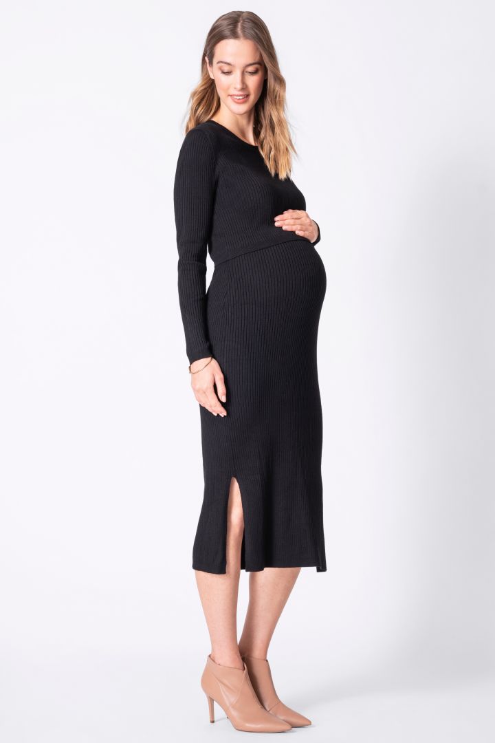 Crew Neck Layered Maternity Knit Dress black
