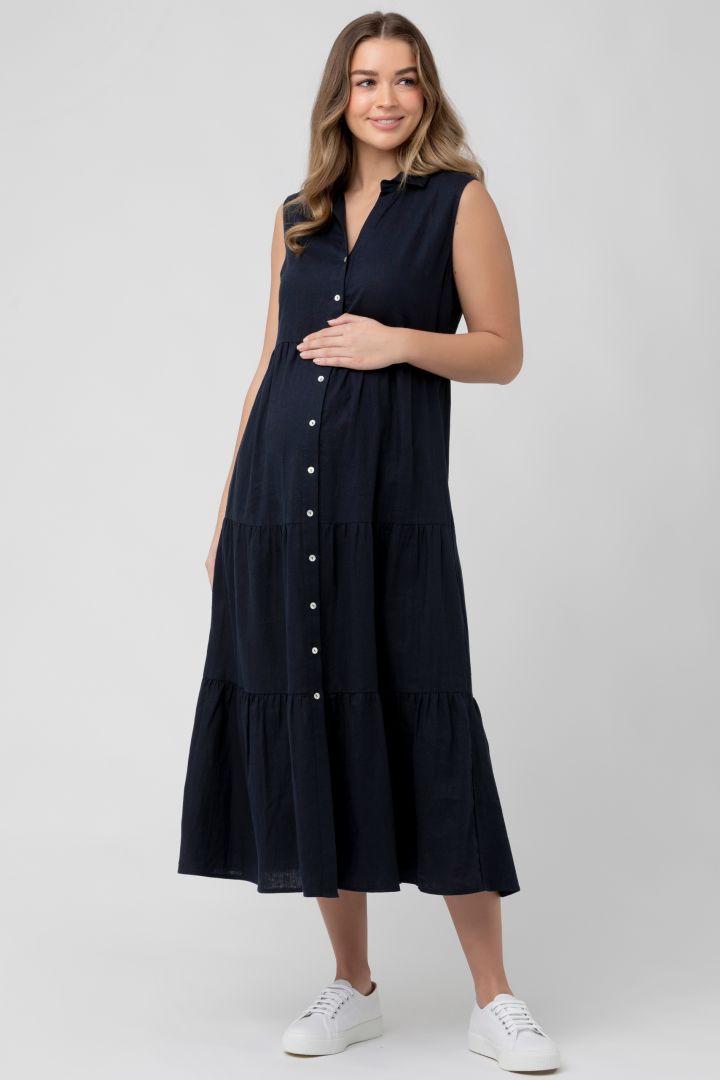 Midi Maternity and Nursing Tiered Dress navy