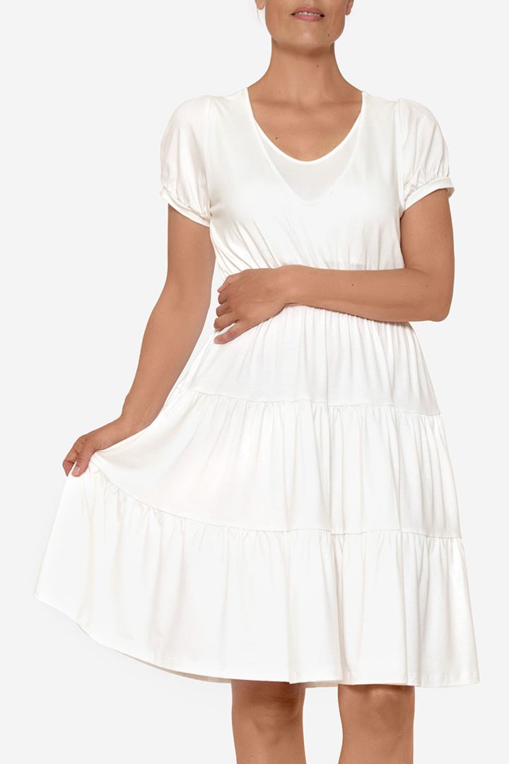 Organic Maternity and Nursing Dress with Flounces white