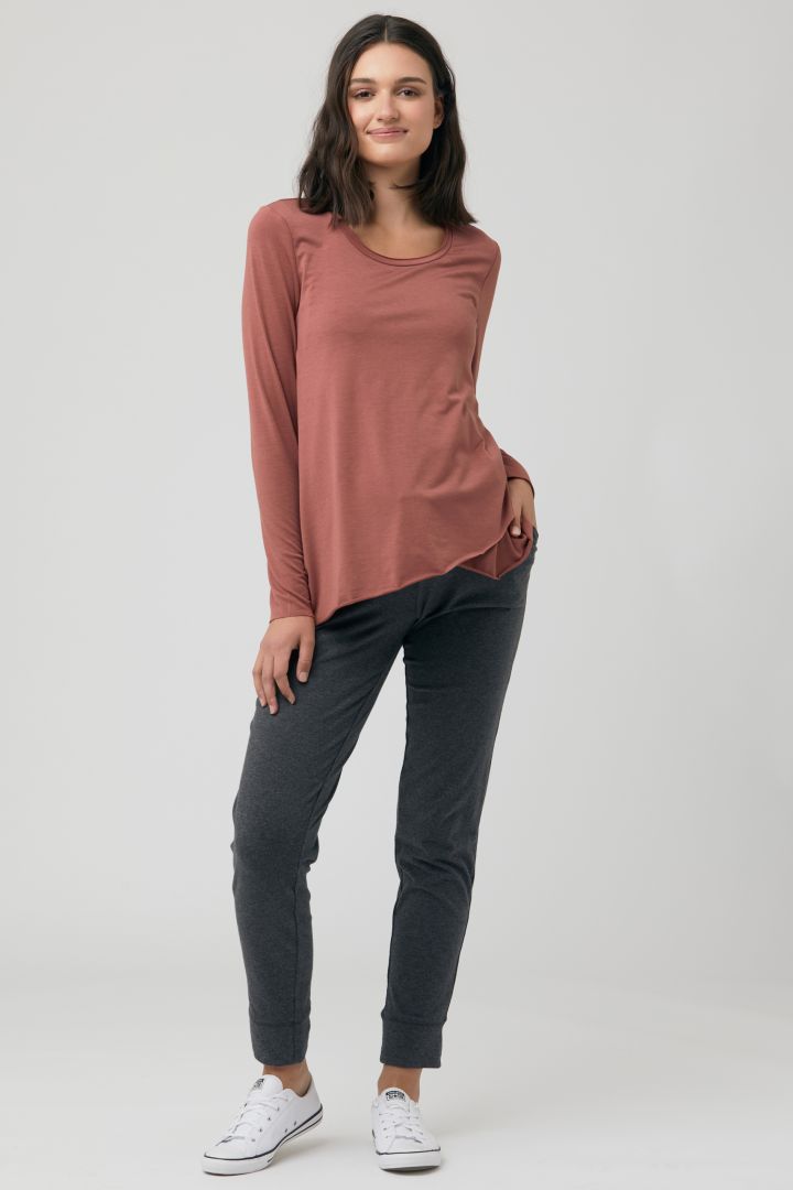 Raw Edge long Sleeve Maternity and Nursing Shirt terracotta