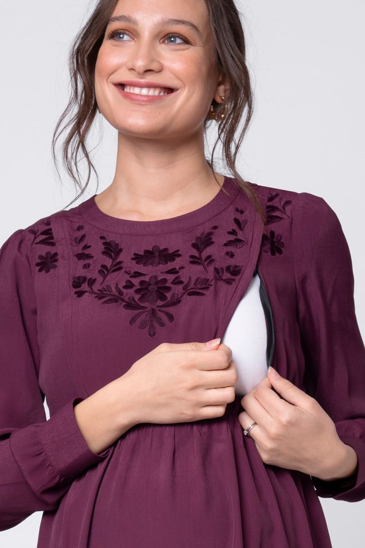 Flounce Maternity and Nursing Dress with Embroidery