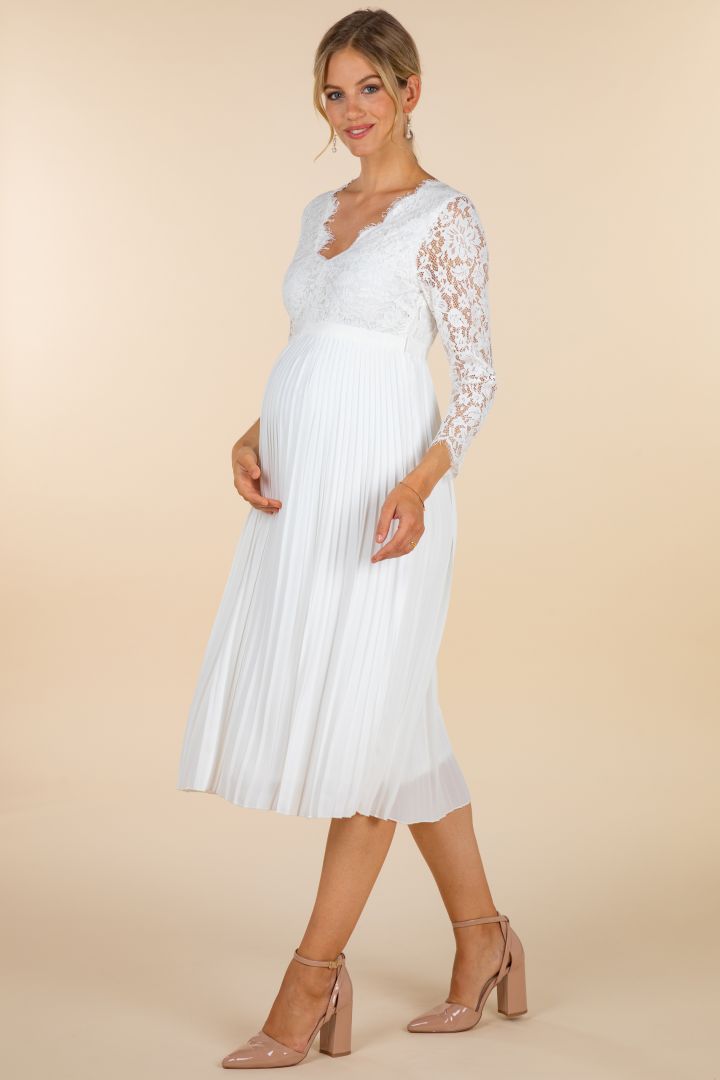 Umstandsbrautkleid mit Spitzenoberteil und Plissees 3/4 Ärmel