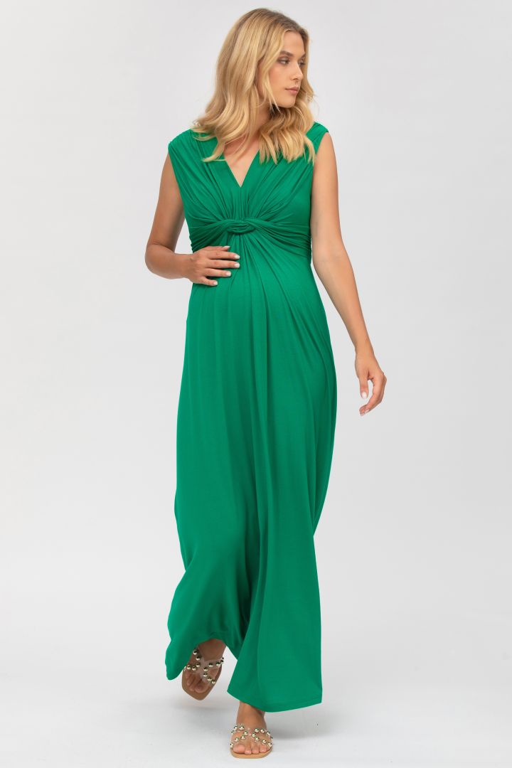 Maxi Maternity and Nursing Dress with Knot Detail Green