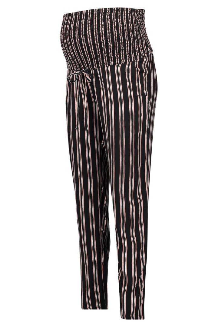 Striped Maternity Trousers with pleated Over-Bump Band black