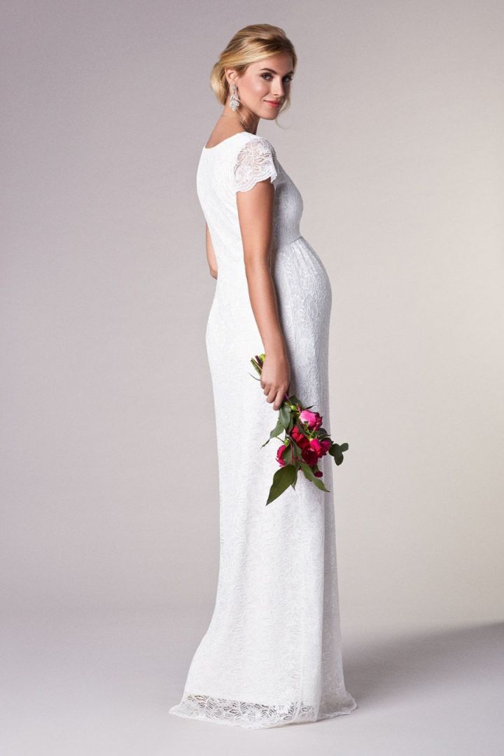 Spitzen Umstandsbrautkleid mit V-Ausschnitt lang