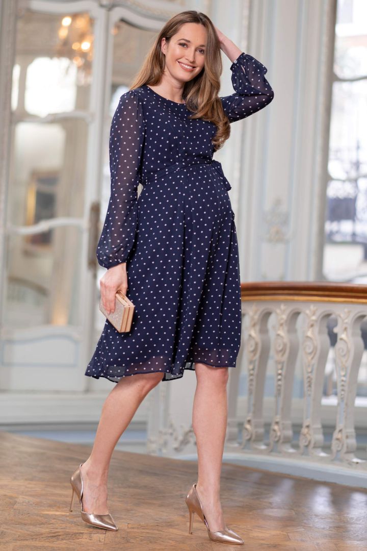 Chiffon Maternity Dress with Dots navy
