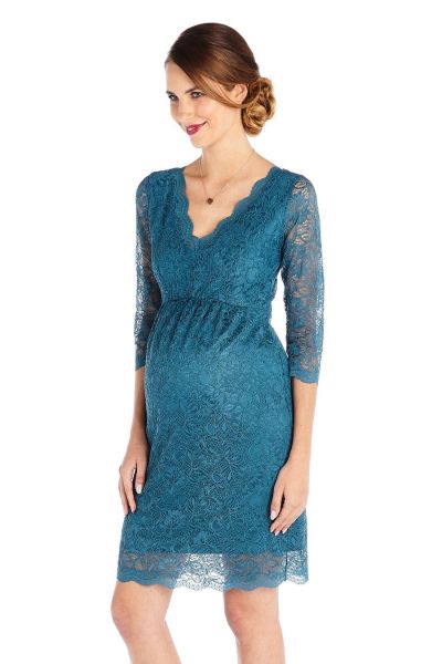 V-Neck Spitzen Umstandskleid petrol