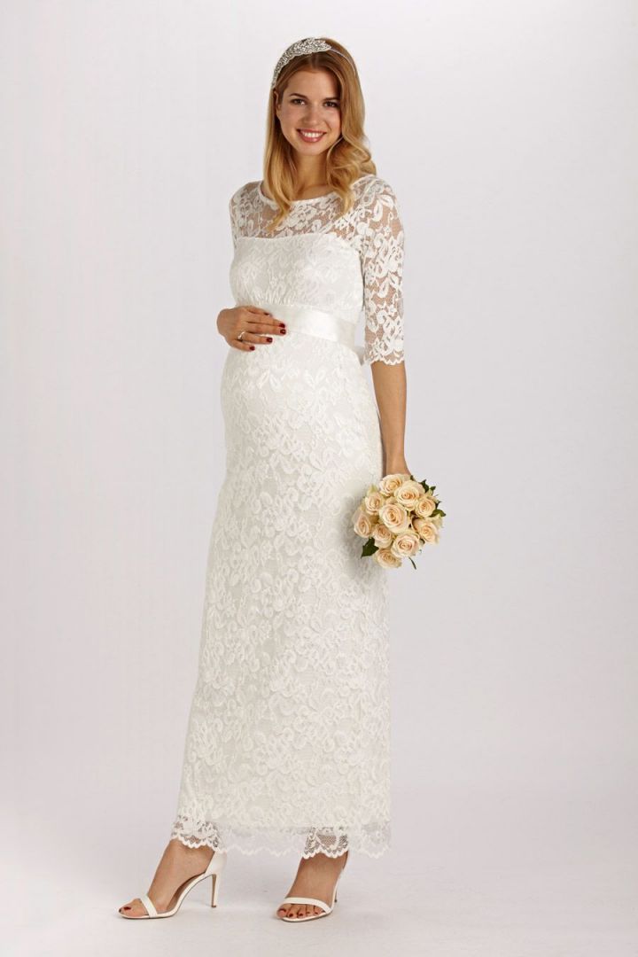 Langes Umstandsbrautkleid aus Spitze mit 3/4 Ärmeln