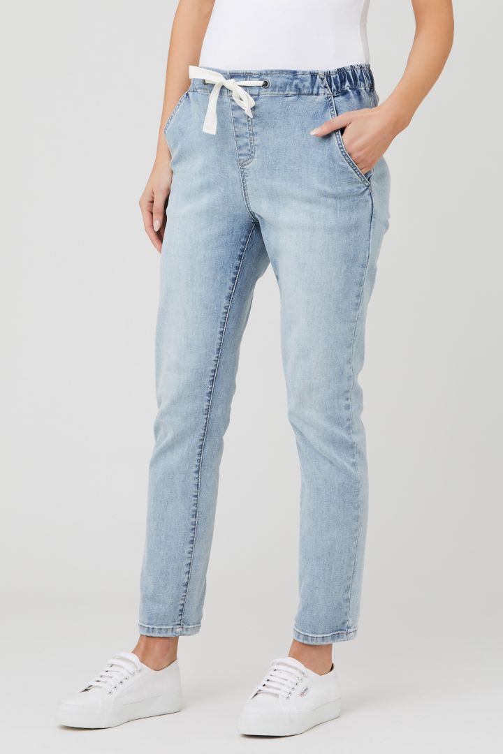 Denim maternity jogger with drawstring light wash