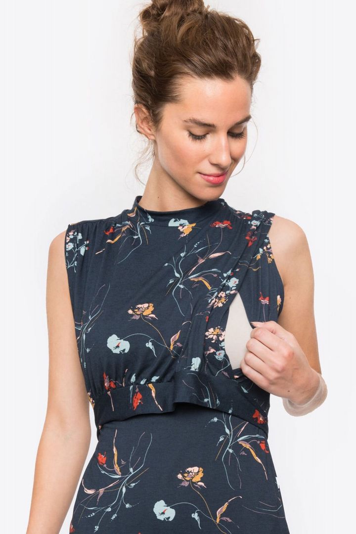 Sleeveless Maternity and Nursing Dress with Stand-Up Collar¬†