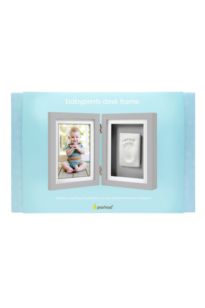 Stand-Bilderrahmen mit Baby Abdruckset, grauer Hintergrund