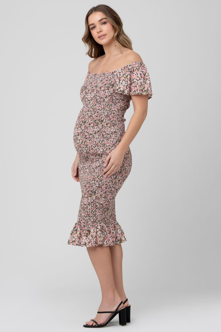 Midi Smocked Umstandskleid mit Volant