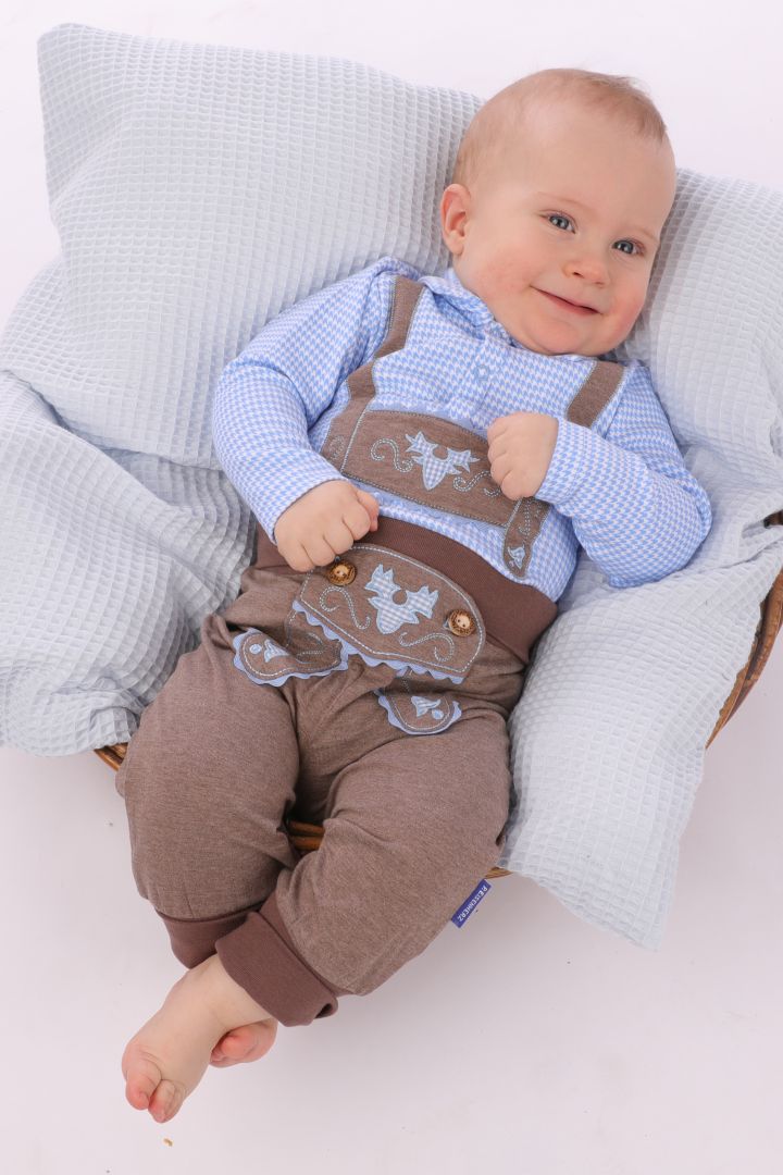 Trachten Langarm Body mit Hosenträgeroptik vichy hellblau