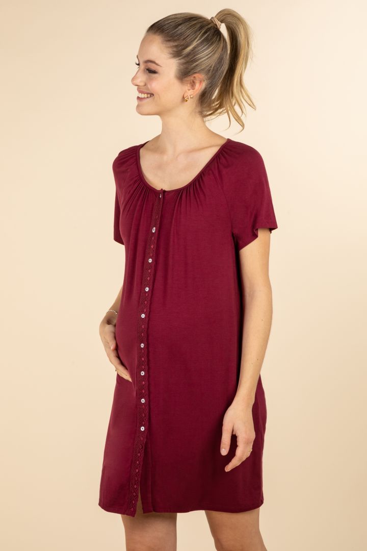 Eco Viskose Umstands- und Stillnachthemd zum Knöpfen bordeaux