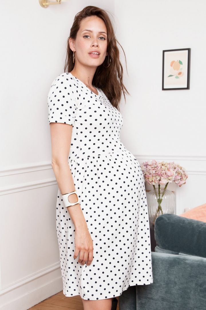 Spotted Maternity and Nursing Dress Short Seeves white