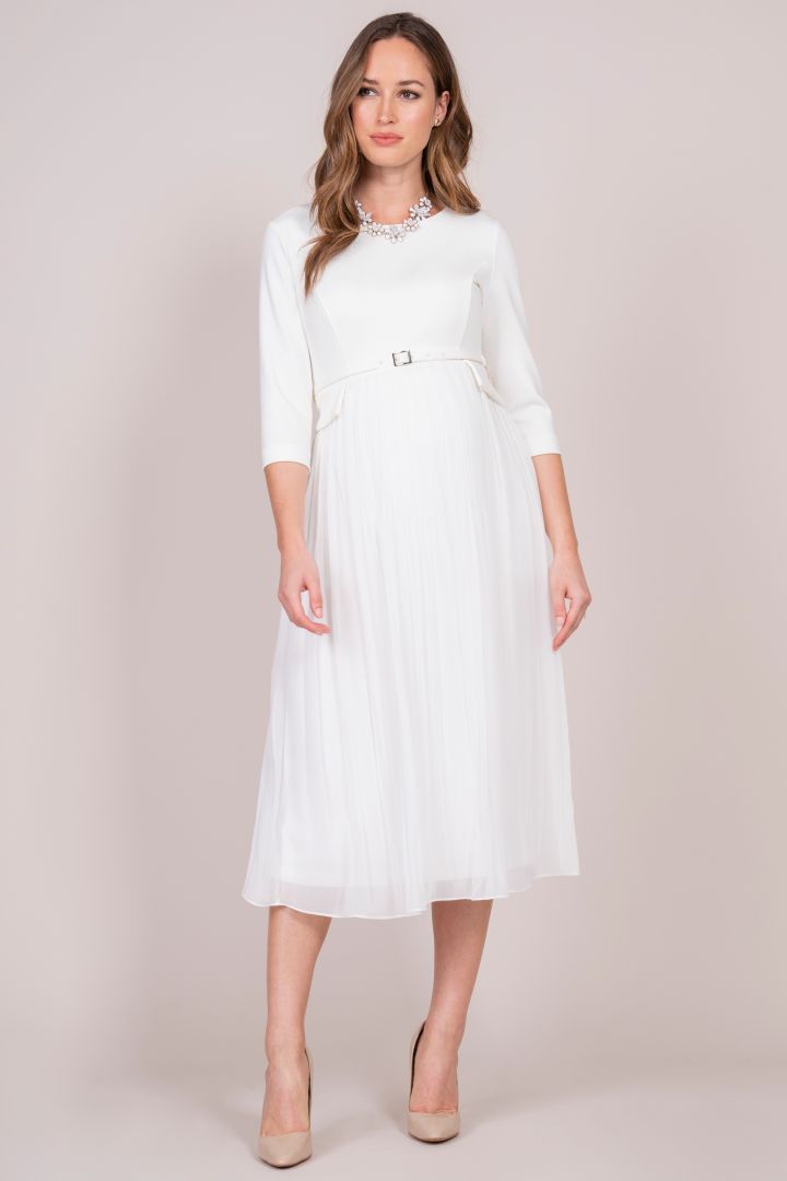 Umstandsbrautkleid 3/4 Arm mit Plisseerock weiß