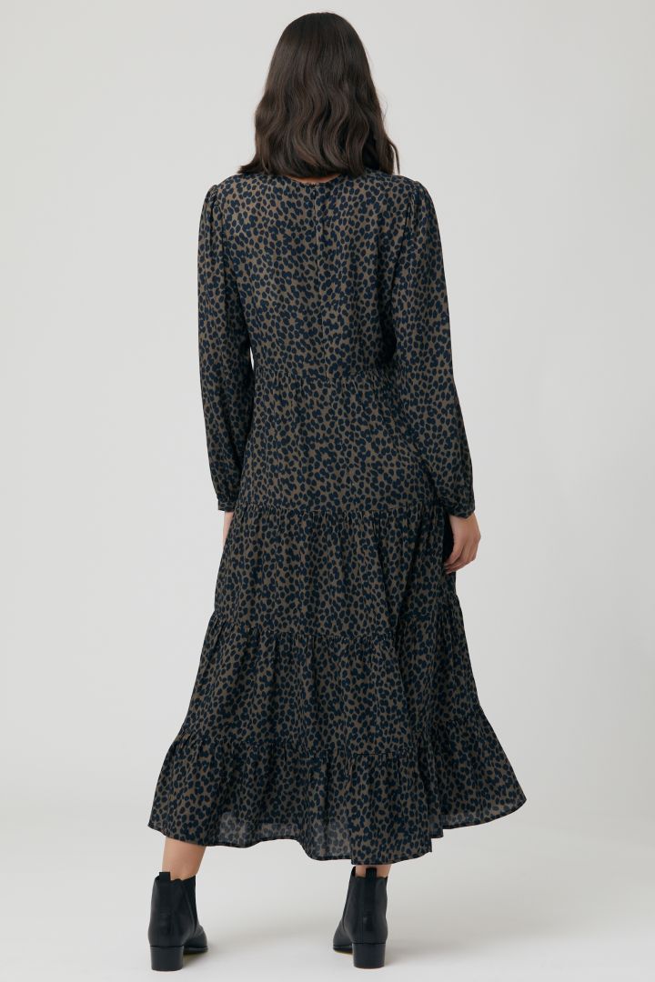 Midi maternity dress with flounces and print