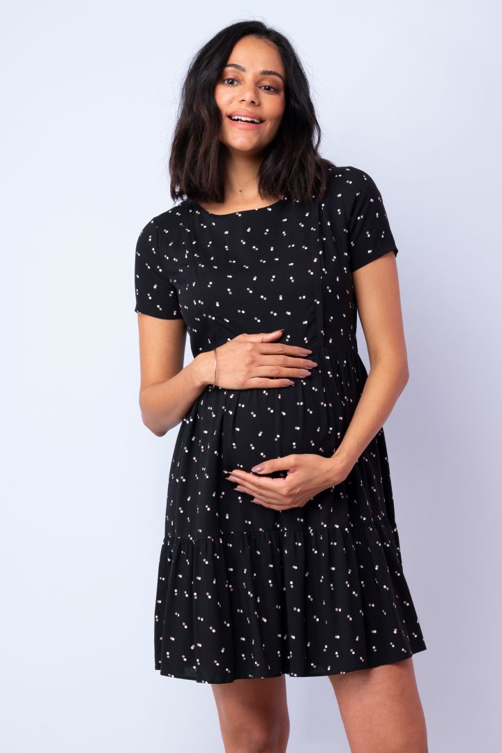 Tiered Maternity Dress with Cap Sleeves black