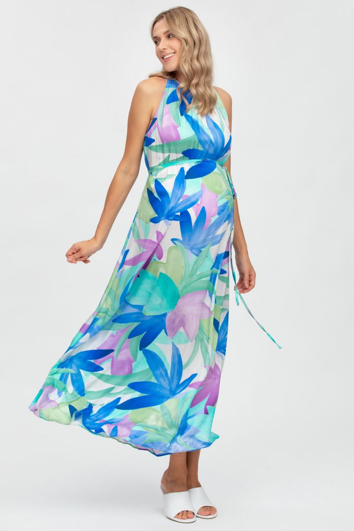 Midi Umstandskleid mit Bindegürtel blau