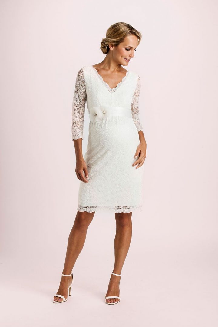 Spitzen Umstandsbrautkleid mit transparenten Ärmeln